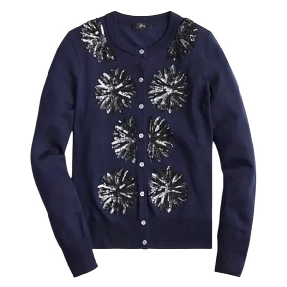 J. Crew Jackie Flower Sequin Cardigan Navy Blue Merino Wool - Picture 1 of 10